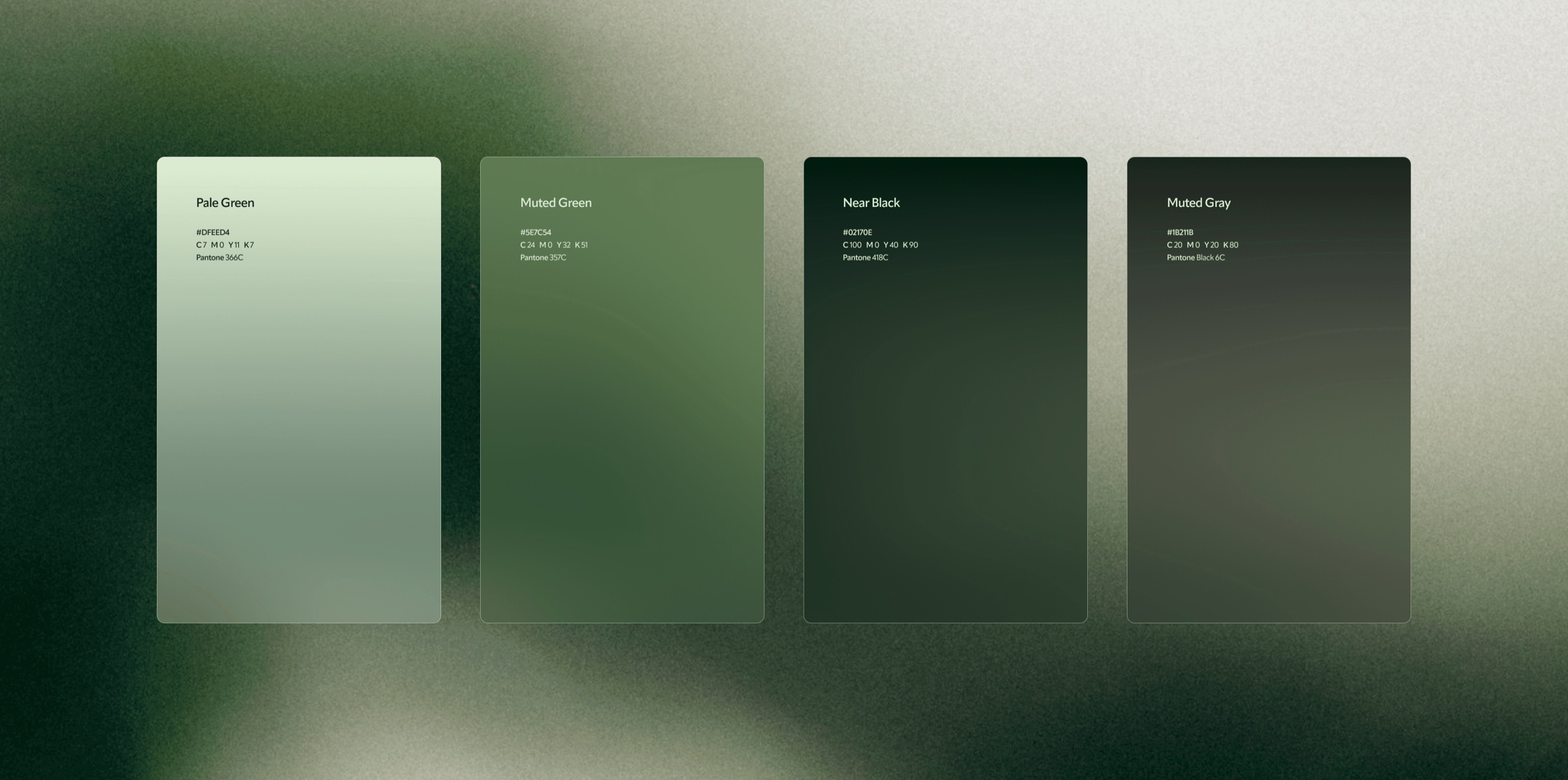 Pale Green / 366C, Muted Green / 357C, Near Black / 418C, Muted Gray / Black 6C
