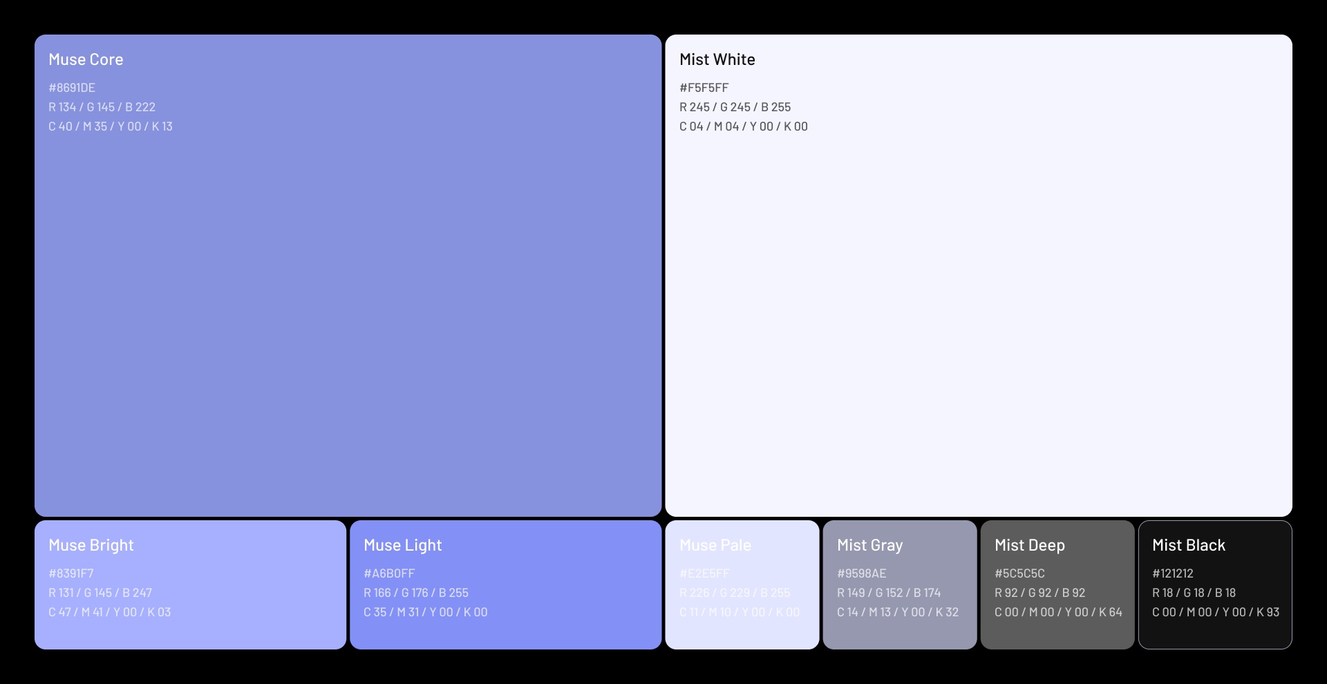 Muse violets carry the emotion. Mist neutrals hold the structure. Every pairing keeps text readable on both print and screen.