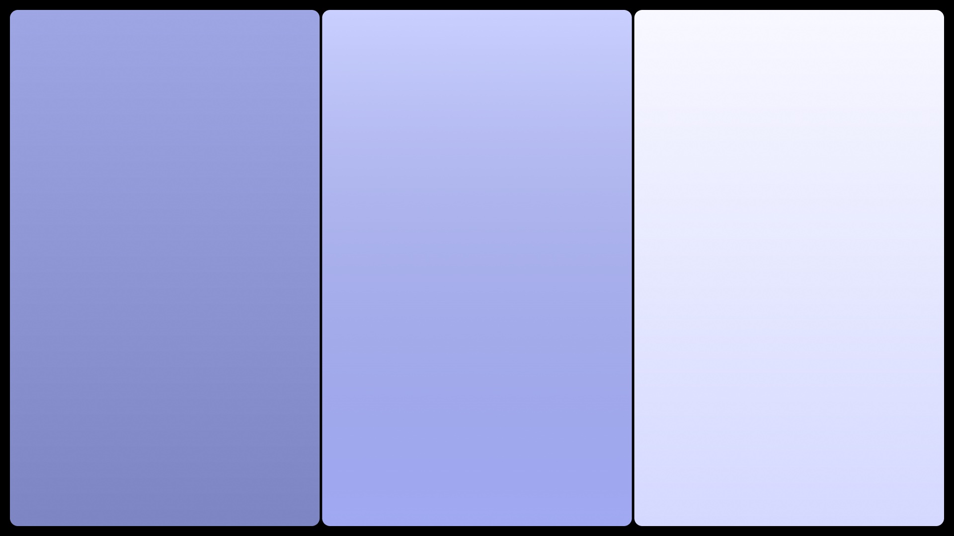 The gradient system. Backgrounds shift from Muse Core to Mist White so every surface keeps a sense of curiosity and anticipation instead of a flat color.